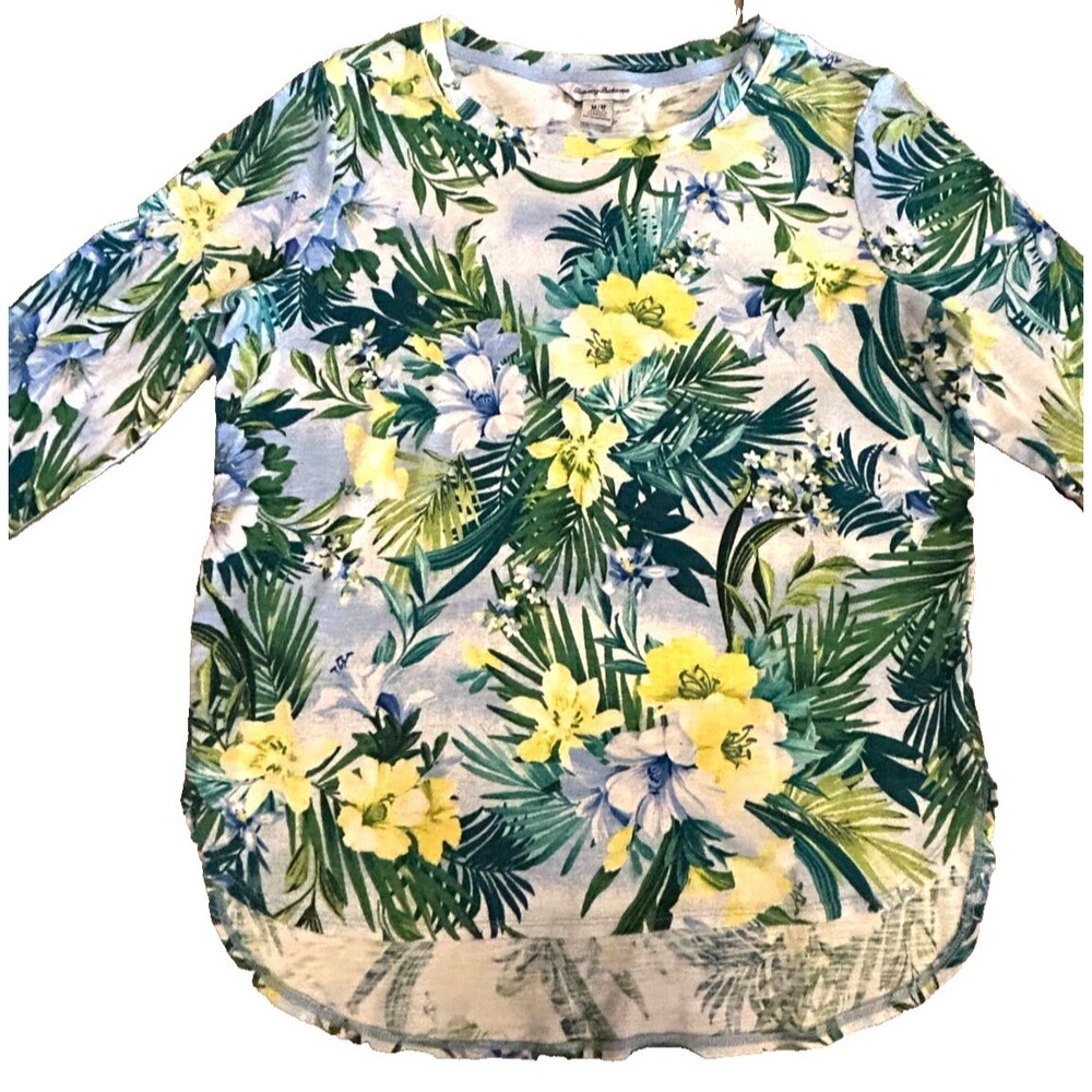 Tommy Bahama Womens Tropical Floral Knit Top Sz M 3/4 Sleeve Cotton Island Style - Picture 4 of 6